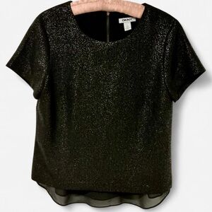 DKNY black short sleeve glitter boxy top with a sheer chiffon hem Medium NWOT